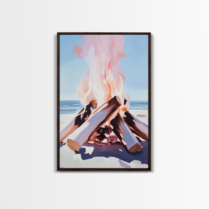 Beach Bonfire, Cozy Fire, Coastal Scene, Canvas Print, Warm Tones, Nautical Decor, Living Room Wall Art, Relaxing Nature Aesthetic