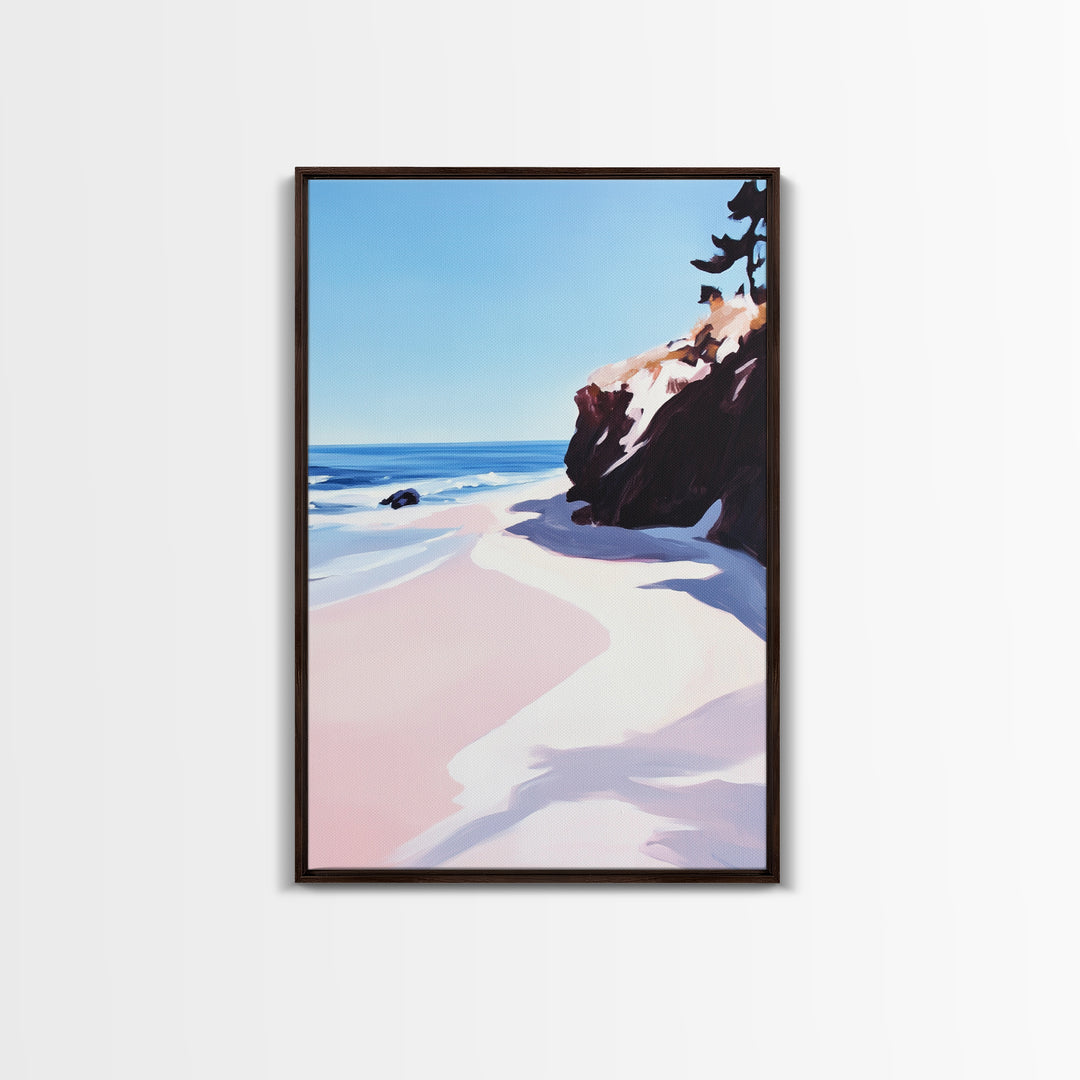 Beach View, Ocean Shore Art, Coastal Landscape Painting, Framed Canvas Print, Living Room Wall Art, Minimalist Seaside Decor