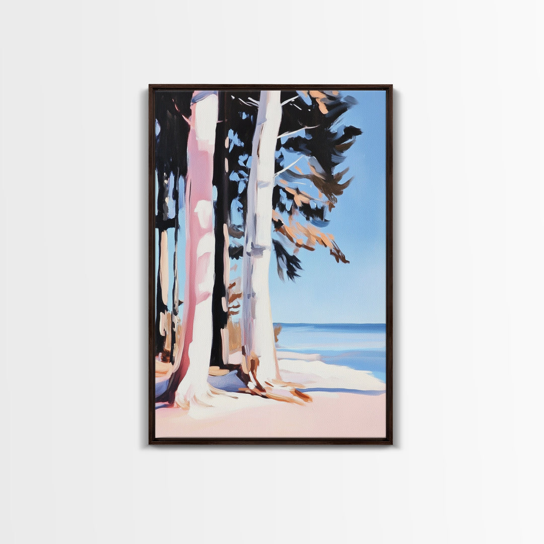 Birch Trees, Lakeside Forest Art, Nature Landscape Print, Framed Canvas Print, Rustic Cabin Decor, Modern Minimalist Wall Art