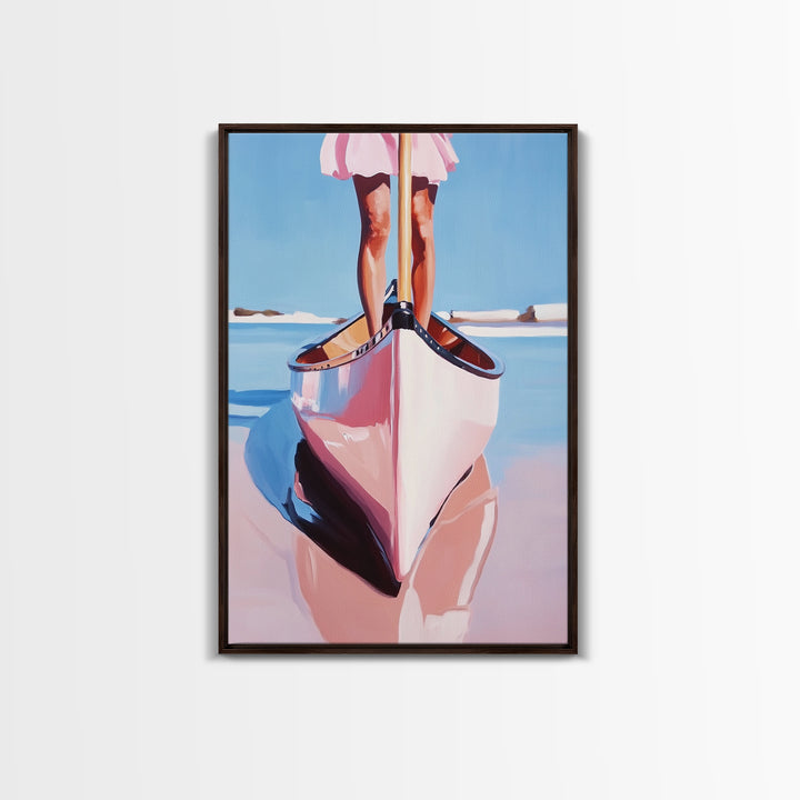 Pink Canoe, Girl, Reflection, Framed Canvas Print, Coastal Wall Art, Nautical Decor, Summer Aesthetic, Beach House Art, Boho Art