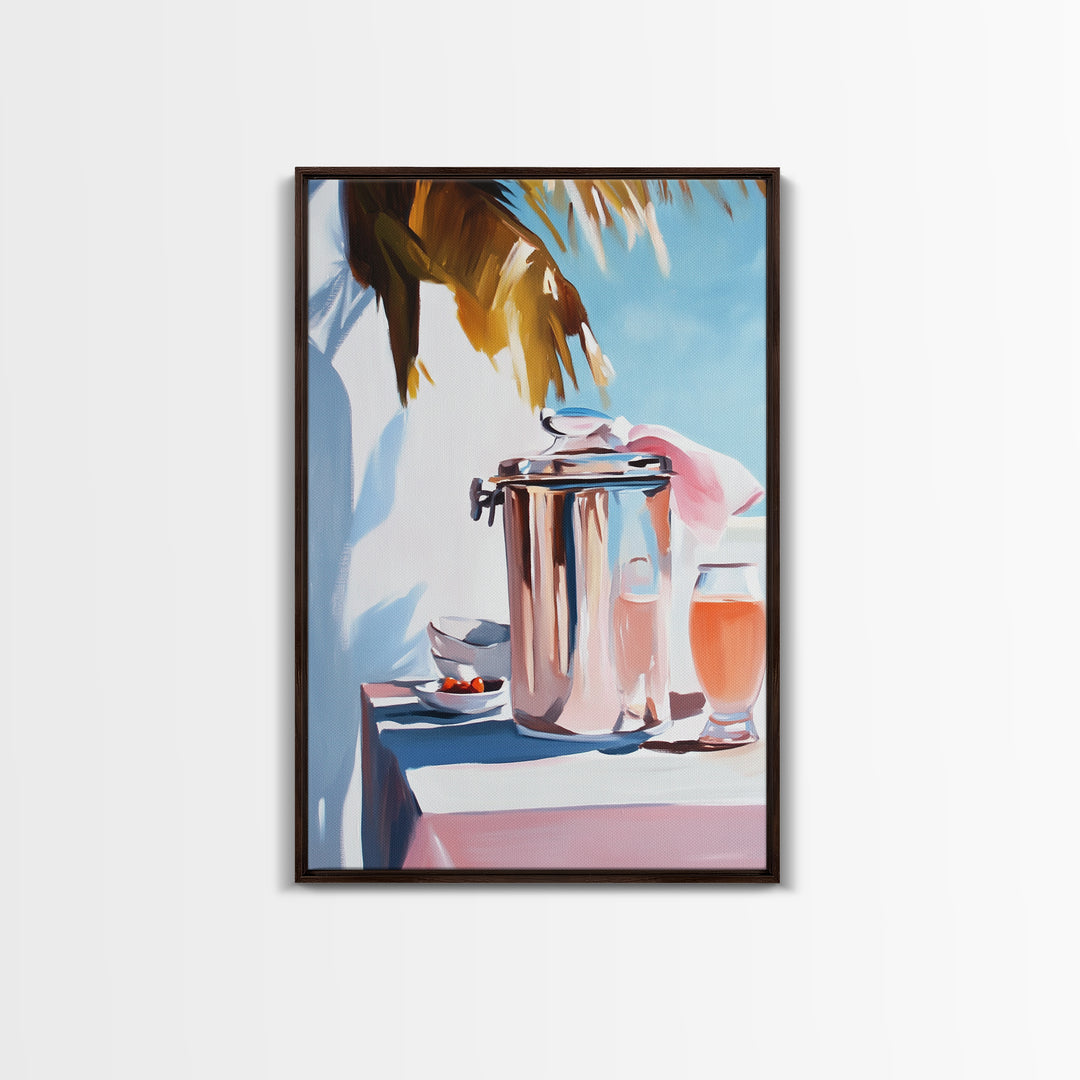 Beach Picnic, Palm Tree, Drinks, Framed Canvas Print, Summer Wall Art, Tropical Aesthetic, Kitchen Art, Coastal Home Decor, Boho Art