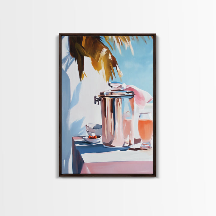 Beach Picnic, Palm Tree, Drinks, Framed Canvas Print, Summer Wall Art, Tropical Aesthetic, Kitchen Art, Coastal Home Decor, Boho Art