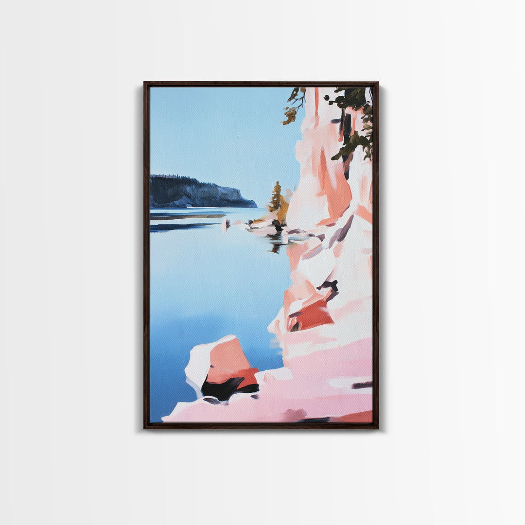 Cliffs, Water, Trees, Reflection, Framed Canvas Print, Nature Wall Art, Mountain Aesthetic, Lakehouse Decor, Minimalist Landscape
