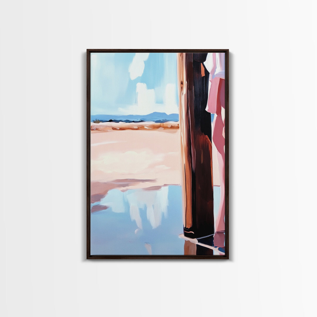 Coastal Fashion Art, Feminine Beach Scene, Pastel Summer Painting, Minimalist Boho Decor, Framed Canvas Print, Bedroom Wall Art