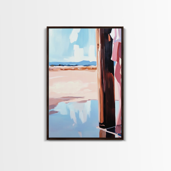 Coastal Fashion Art, Feminine Beach Scene, Pastel Summer Painting, Minimalist Boho Decor, Framed Canvas Print, Bedroom Wall Art