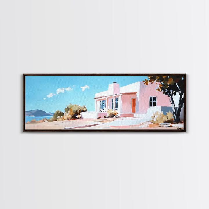 Coastal House, Summer Art, Beach Landscape, Framed Canvas Print, Mediterranean Wall Art, Minimalist Painting, Living Room Decoran Waves