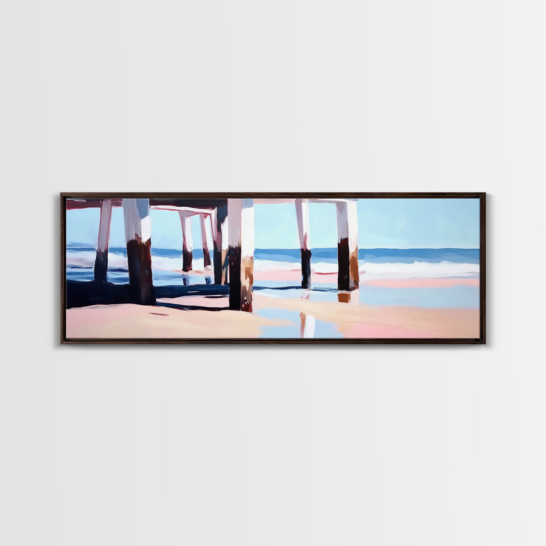 Beach Pier, Ocean Waves, Coastal View, Framed Canvas Print, Nautical Wall Art, Seaside Decor, Minimalist Beach House Art, Blue