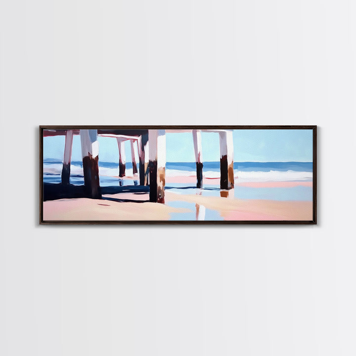 Beach Pier, Ocean Waves, Coastal View, Framed Canvas Print, Nautical Wall Art, Seaside Decor, Minimalist Beach House Art, Blue