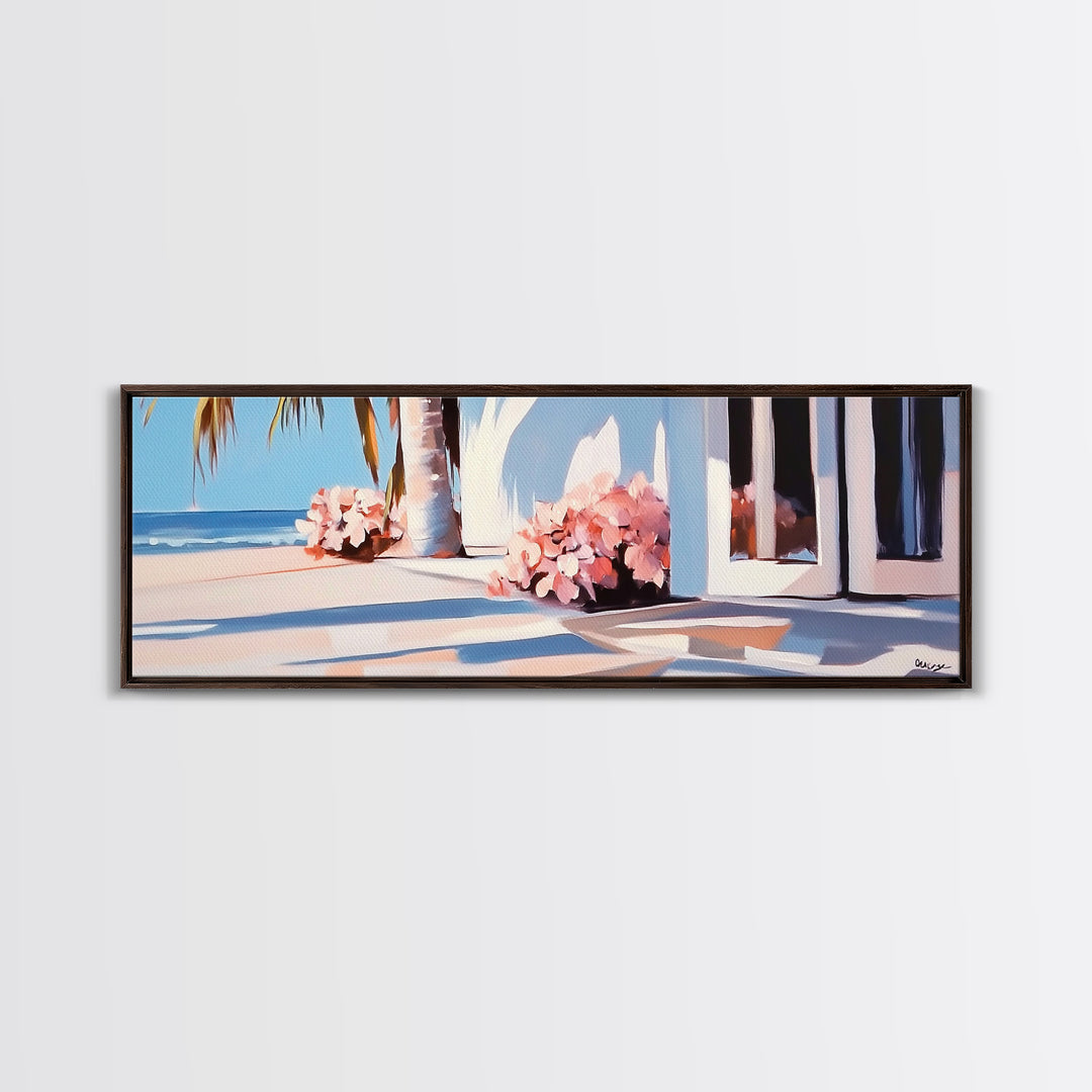 Beachfront Patio, Coastal Home, Ocean View Art, Framed Canvas Print, Seaside Decor, Summer House Aesthetic, Serene Wall Artwork
