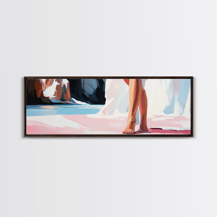 Barefoot Woman, Flowing Pink Dress, Water Reflection, Canvas Print, Feminine Wall Art, Elegant Bedroom Decor, Soft Pastel Aesthetic