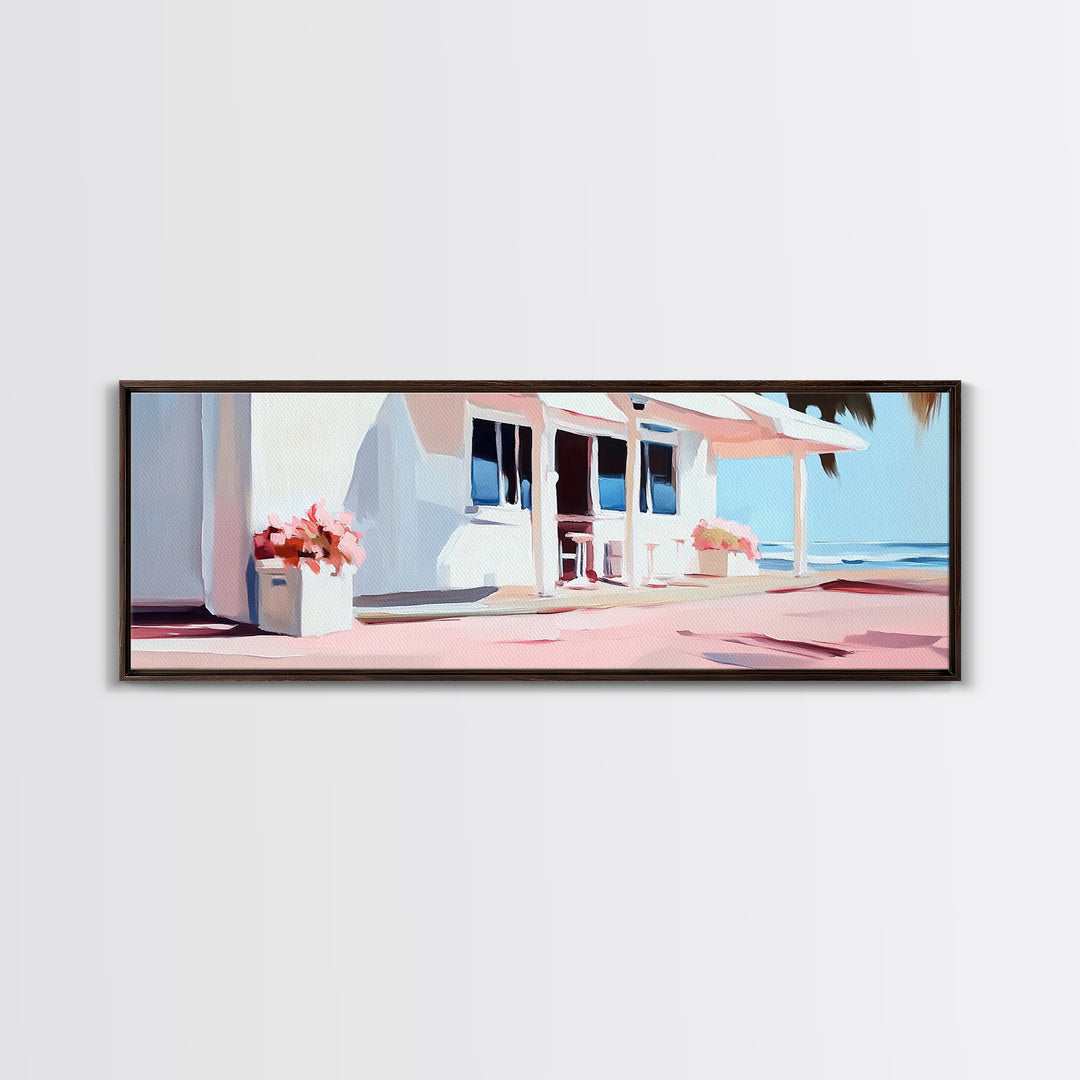 Coastal Café, Beachfront House, Ocean Breeze, Minimalist Canvas Print, Living Room Wall Art, Nautical Home Decor, Modern Coastal Art