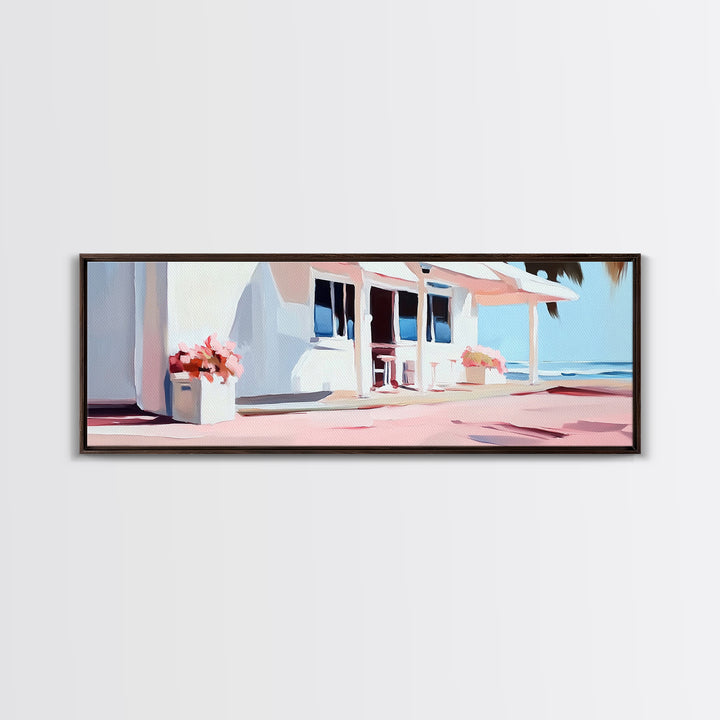 Coastal Café, Beachfront House, Ocean Breeze, Minimalist Canvas Print, Living Room Wall Art, Nautical Home Decor, Modern Coastal Art
