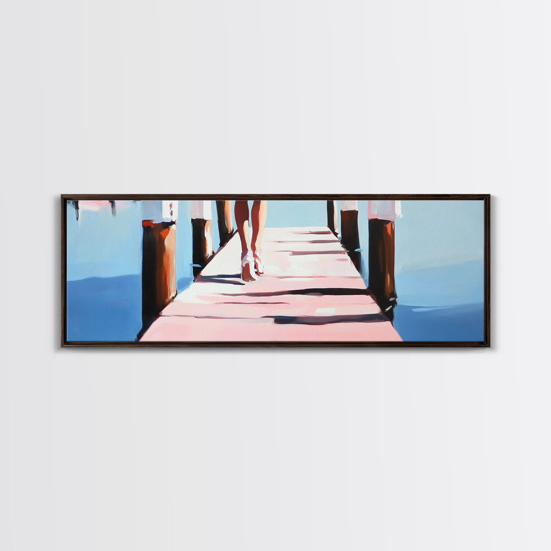 Walking on Dock, Waterfront Scene, Coastal Style, Framed Canvas Print, Minimalist Wall Art, Nautical Decor, Light and Airy Art