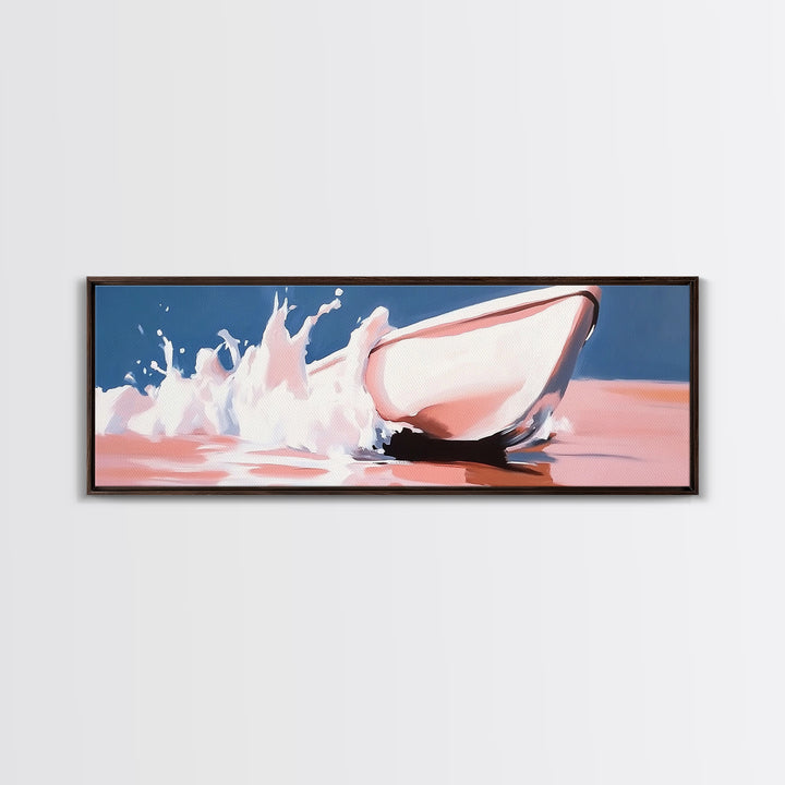 Boat Splash, Ocean Motion, Nautical Art, Framed Canvas Print, Coastal Wall Decor, Relaxing Beach Scene, Minimalist Seascape