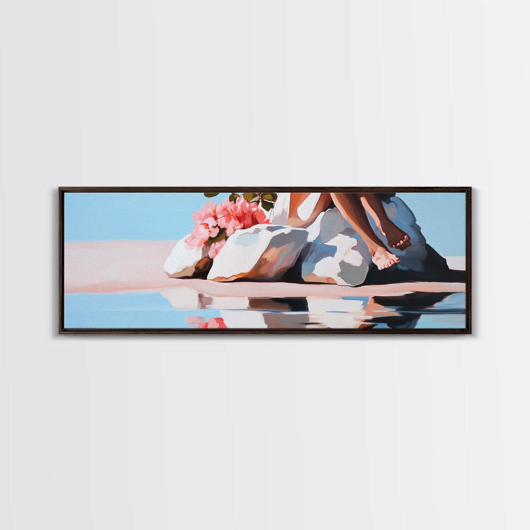 Beach Blossom Scene, Floral Coastal Art, Pastel Summer Vibes, Nature Wall Decor, Soft Aesthetic, Canvas Print, Bedroom Wall Art