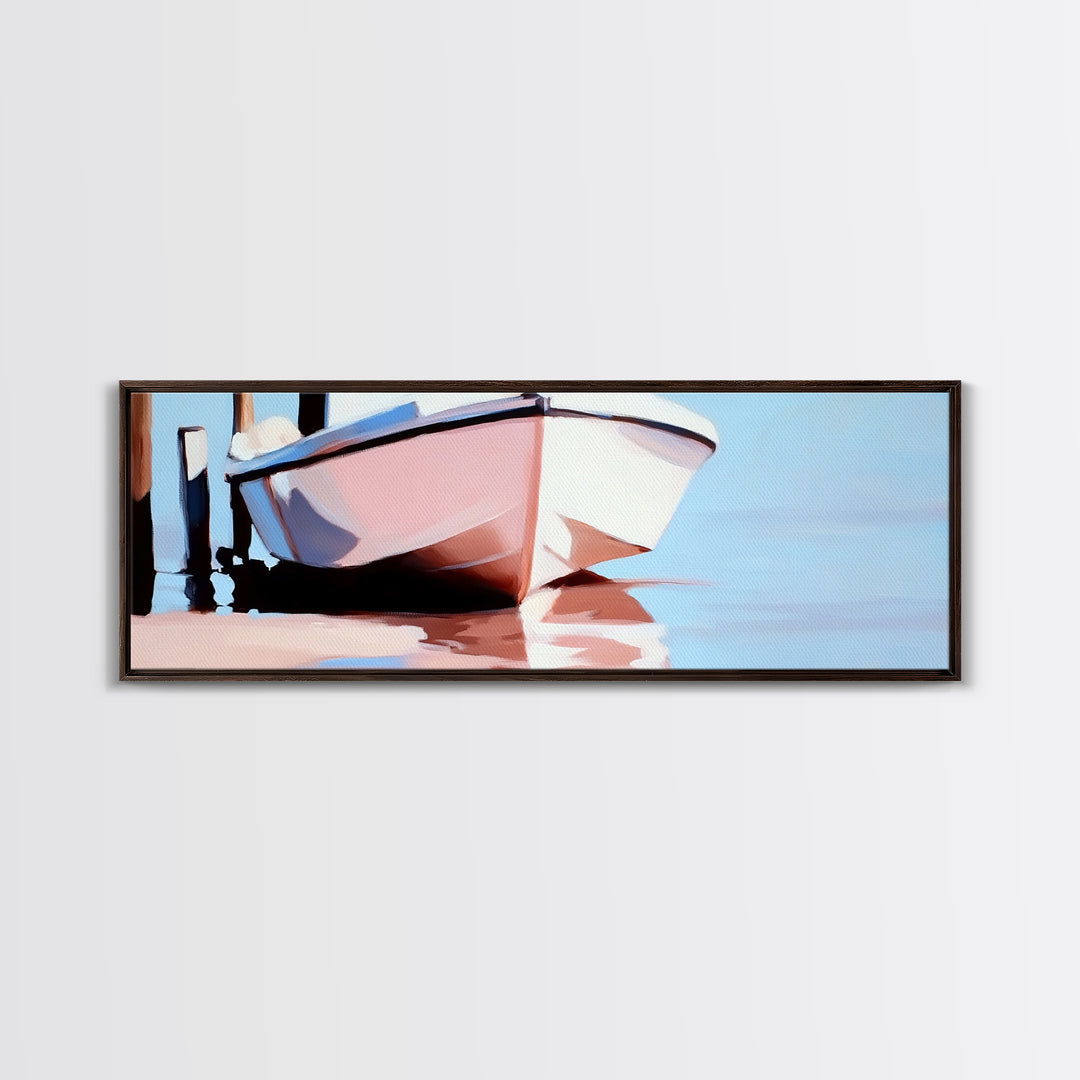 Docked Boat, Nautical Charm, Maritime Art, Framed Canvas Print, Coastal Living Room Decor, Beach House Wall Art, Ocean Painting
