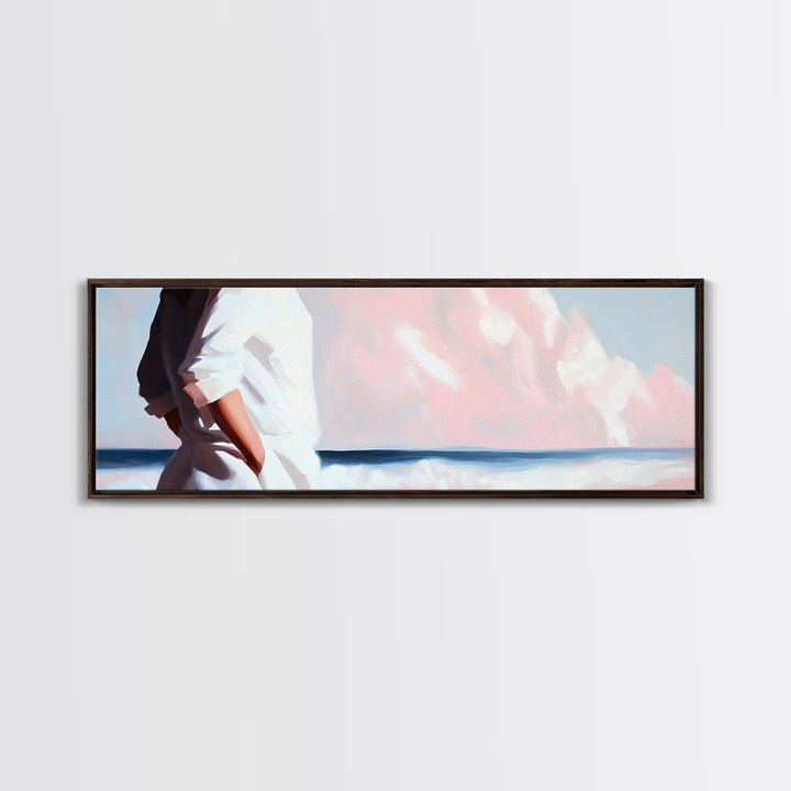 Beach Walk, Ocean Breeze, Pastel Sky, Dreamy Coastal Art, Soft Feminine Aesthetic, Framed Canvas Print, Bedroom Wall Art, Minimalist Decor