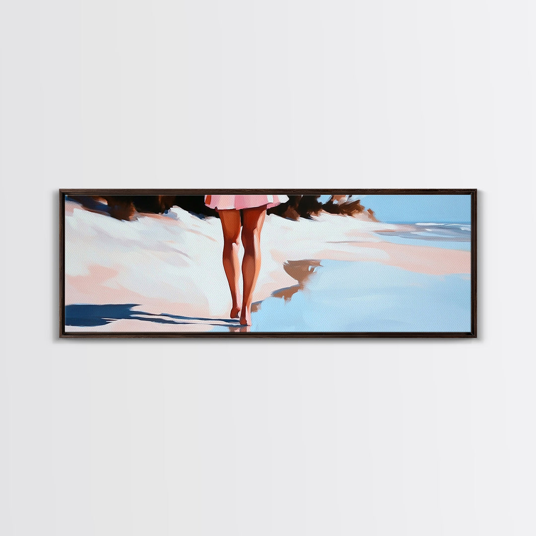 Romantic Reflection, Sand and Sea, Dreamy Pastels, Framed Canvas Print, Coastal Art, Beach House Decor, Serene Aesthetic Painting