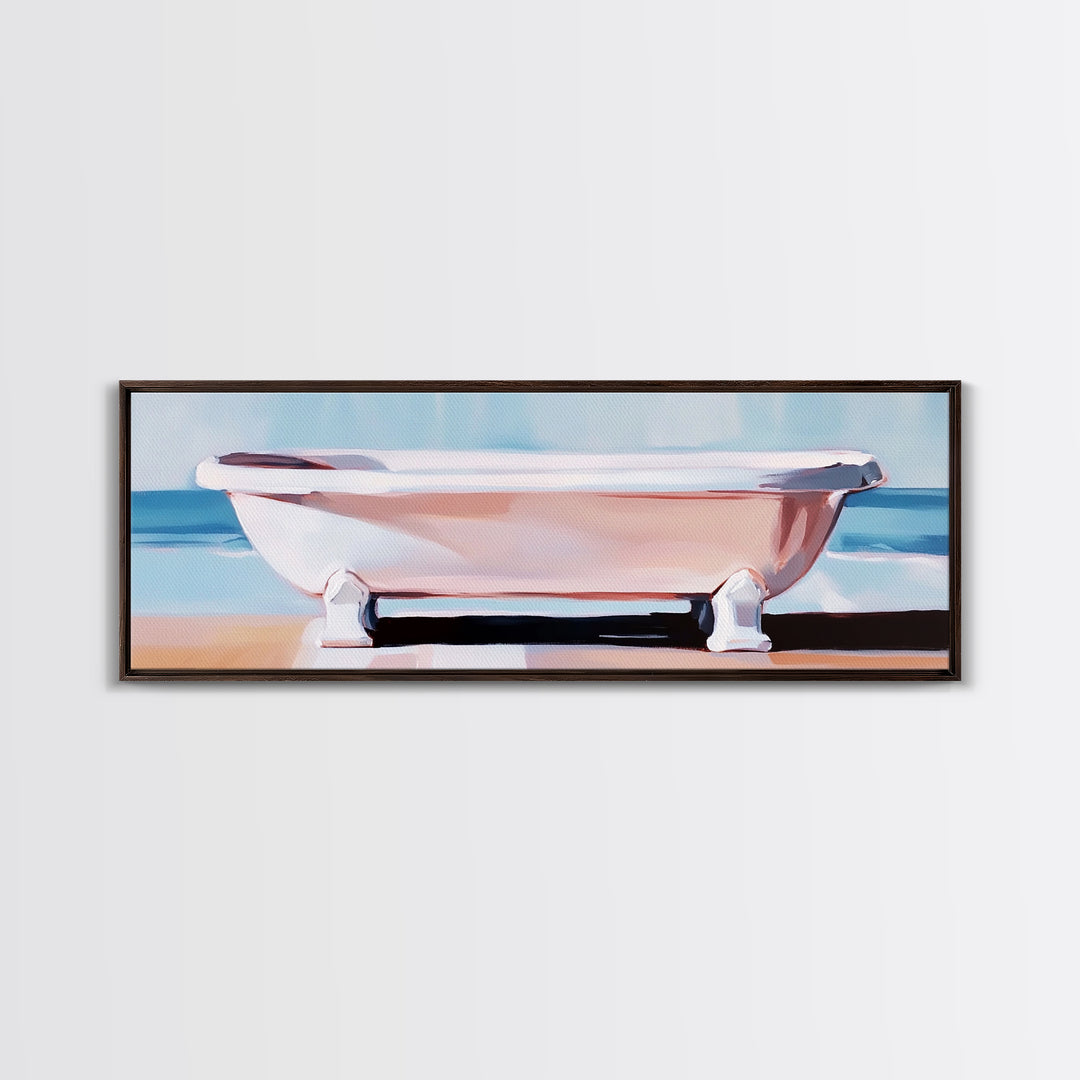 Clawfoot Tub, Coastal Art, Bathroom Wall Art, Modern Decor, Minimalist Painting, Ocean Art, Beach House, Framed Canvas Print