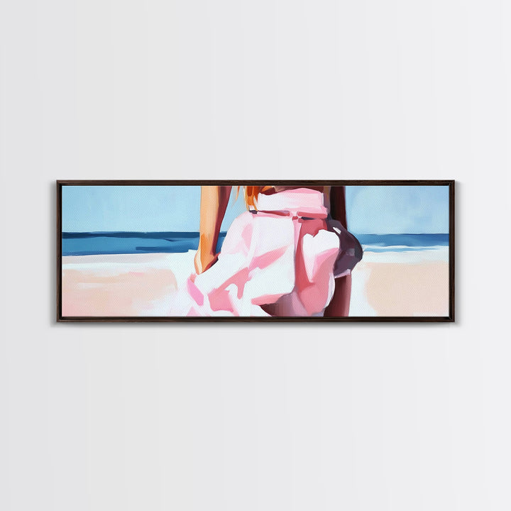 Beach Walk, Soft Waves, Feminine Coastal, Romantic Seascape, Framed Canvas Print, Boho Art, Bedroom Wall Art, Minimalist Aesthetic