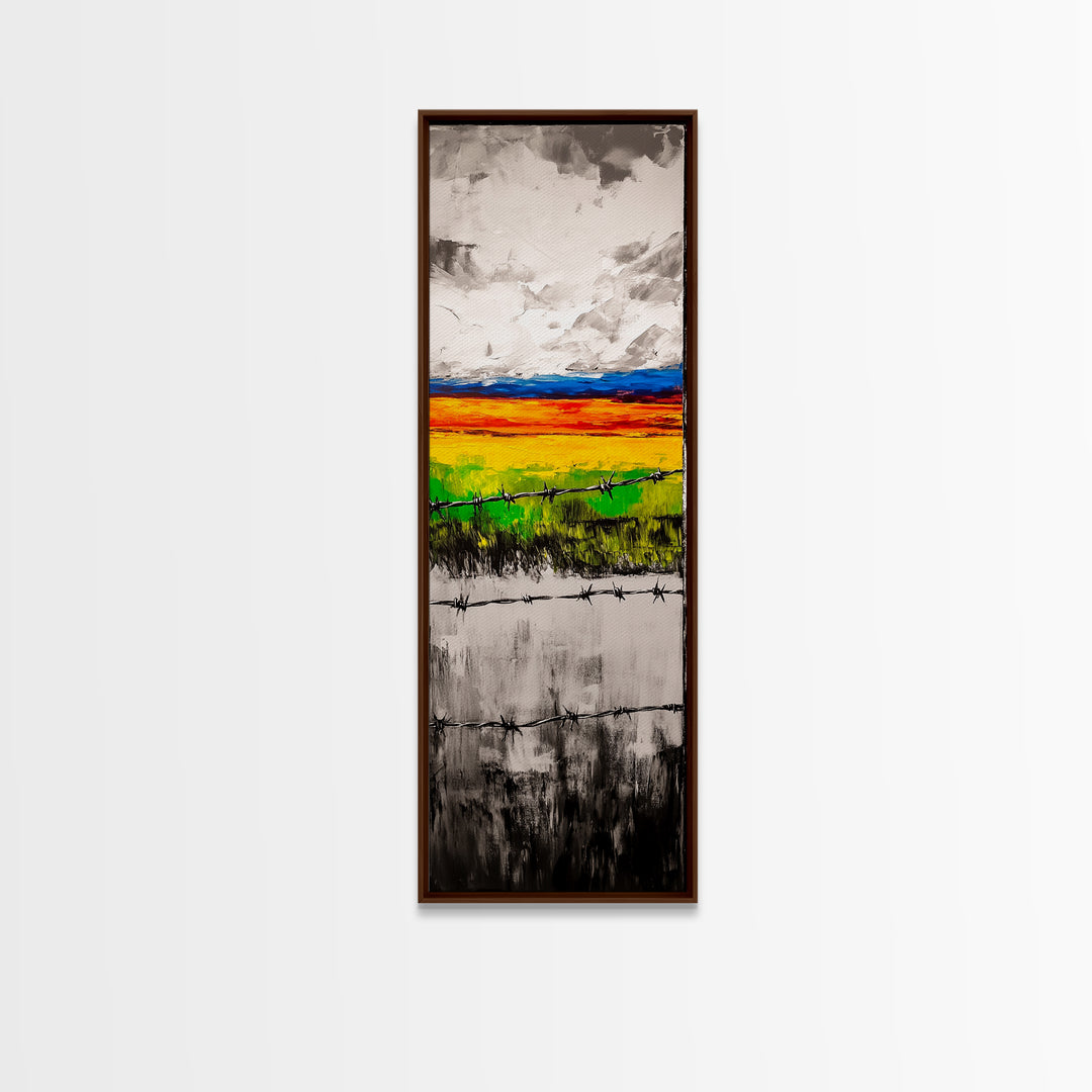Barbed Wire, Rustic Fence, Vibrant Landscape, Framed Canvas Print, Farmhouse Wall Art, Western Decor, Country Home, Living Room Art