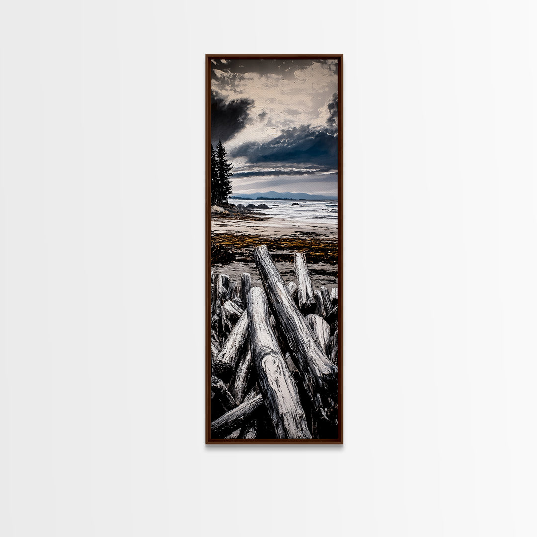Coastal Beach, Driftwood Shore, Stormy Sky, Framed Canvas Print, Ocean Wall Art, Seaside Decor, Nautical Painting, Living Room Wall Art