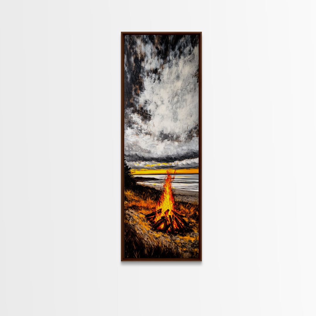 Beach Bonfire, Cozy Fire, Seaside Sunset, Framed Canvas Print, Coastal Home Decor, Relaxing Landscape, Rustic Living Room Wall Art