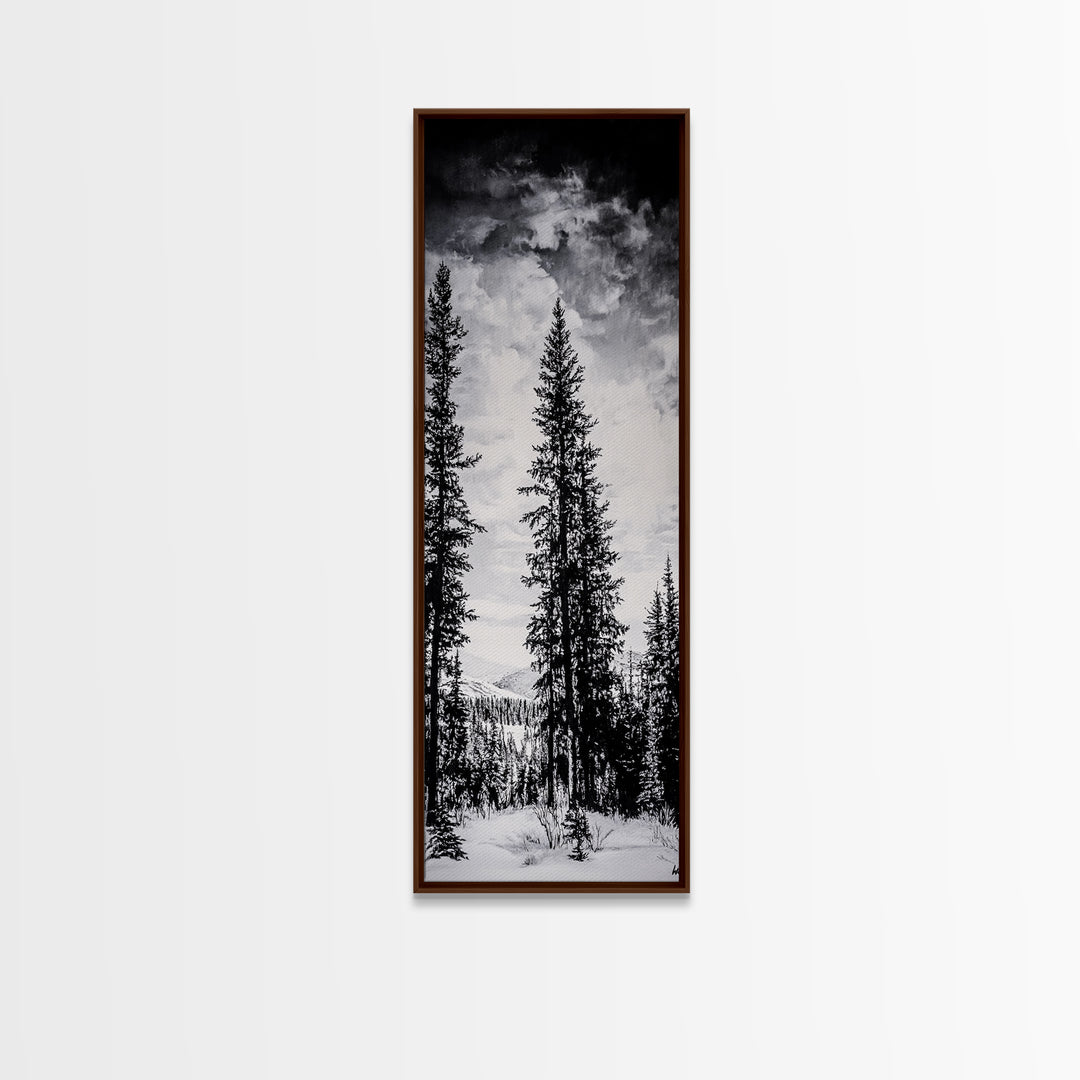Black White Pine, Winter Forest, Nature Wall Art, Christmas Decor, Modern Minimalist, Monochrome Print, Framed Canvas Print