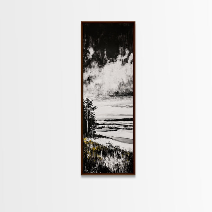 Coastal Serenity, Black White Landscape, Ocean Horizon Art, Minimalist Beach Scene, Modern Home Decor, Framed Canvas Print