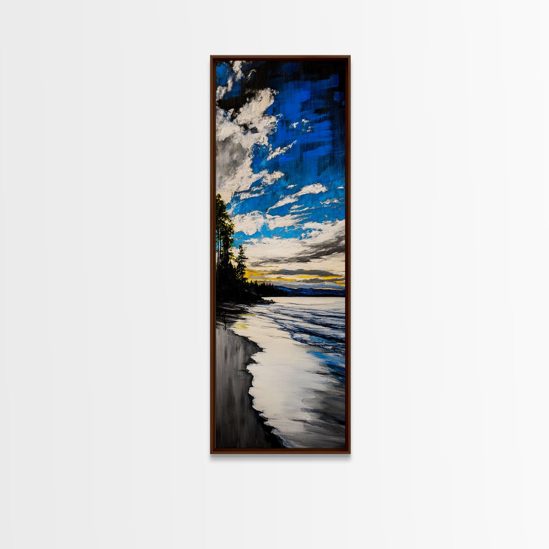 Ocean Sunset View, Coastal Landscape Painting, Blue Sky Wall Art, Beach House Decor, Minimalist Seascape Print, Canvas Print