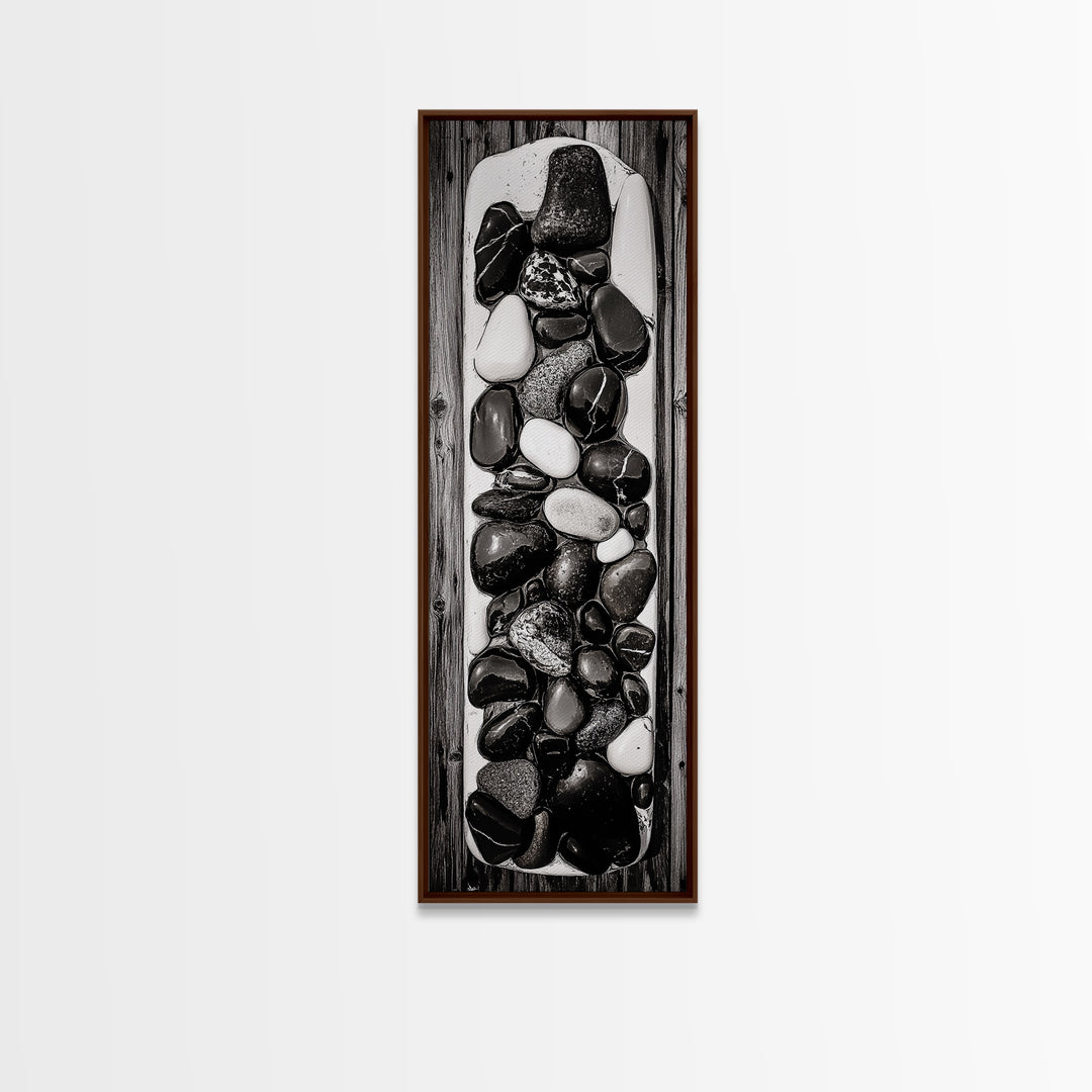 Black and White Stones, Minimalist Rock Art, Rustic Home Decor, Natural Texture Print, Modern Zen Wall Art, Framed Canvas Print