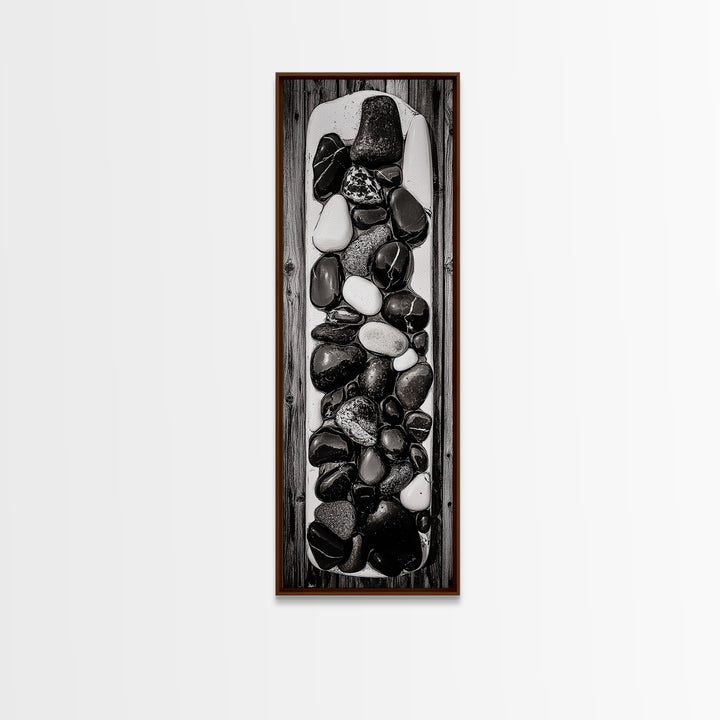 Black and White Stones, Minimalist Rock Art, Rustic Home Decor, Natural Texture Print, Modern Zen Wall Art, Framed Canvas Print