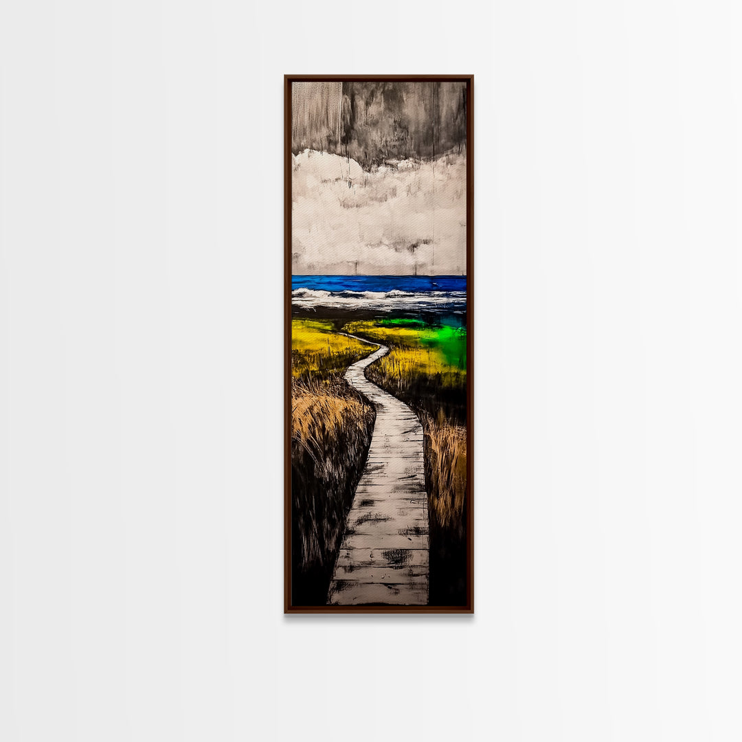 Boardwalk, Beach Path Art, Coastal Living Room Decor, Ocean Horizon Print, Tranquil Landscape, Relaxing Home Aesthetic, Framed Canvas Print