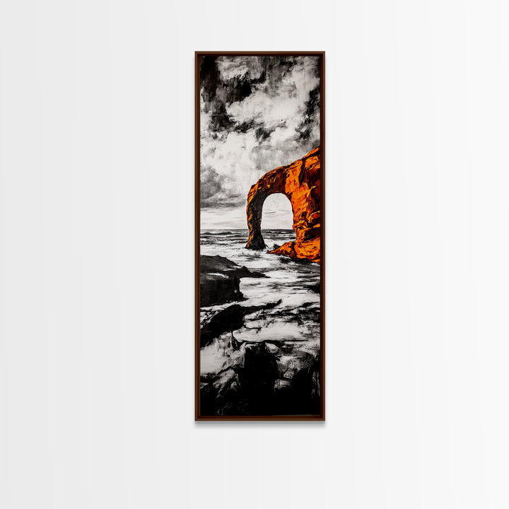 Rock Arch, Ocean Waves, Dramatic Seascape, Black and White Wall Decor, Living Room Art, Framed Canvas Print, Coastal Nature Artwork