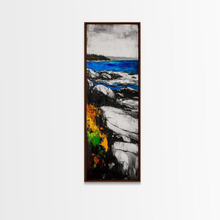 Rocky Coastline, Blue Waters, Seaside View, Framed Canvas Print, Nautical Art, Modern Beach Decor, Living Room Wall Art