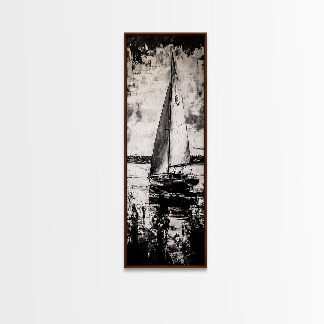 Black and White Sailboat, Nautical Wall Art, Minimalist Seascape Painting, Coastal Home Decor, Office or Bedroom Art, Framed Canvas Print