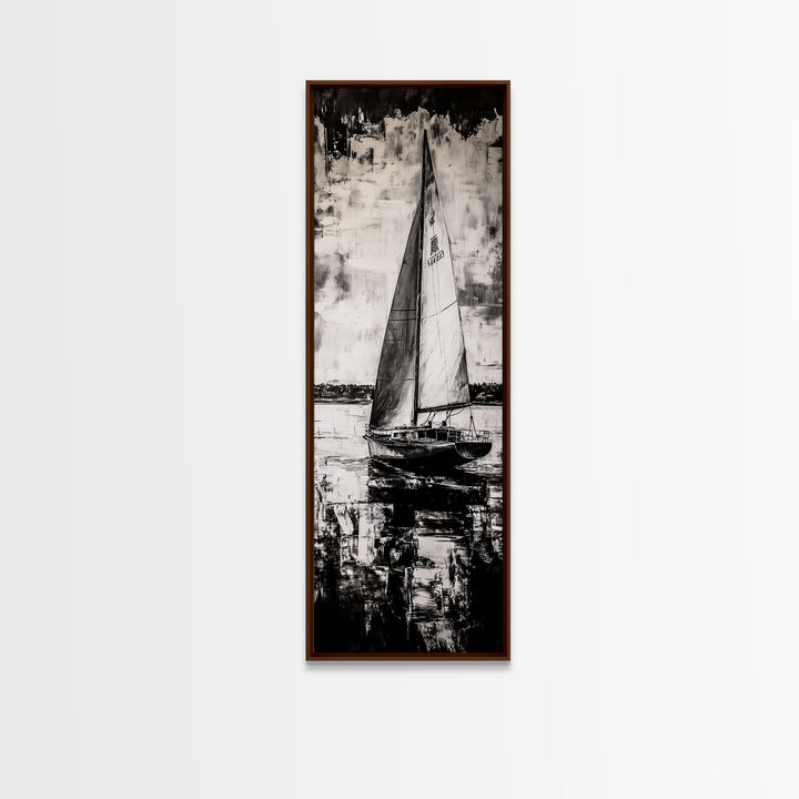 Black and White Sailboat, Nautical Wall Art, Minimalist Seascape Painting, Coastal Home Decor, Office or Bedroom Art, Framed Canvas Print