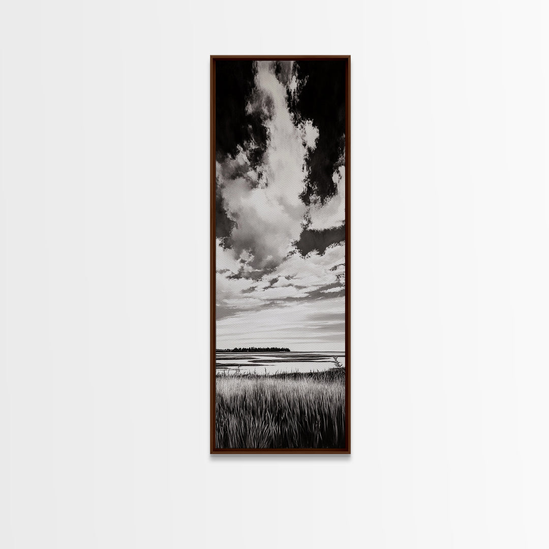Black and White Sky, Cloudscape Wall Art, Minimalist Artwork, Nature Landscape Painting, Office or Bedroom Decor, Framed Canvas Print