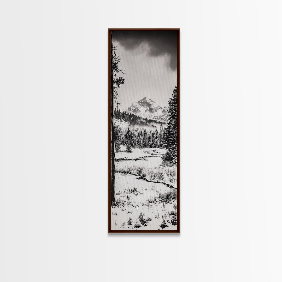 Winter Landscape, Snowy Mountains, Canvas Print, Black and White Photography, Rustic Home Decor, Cozy Cabin Wall Art, Nature Photography
