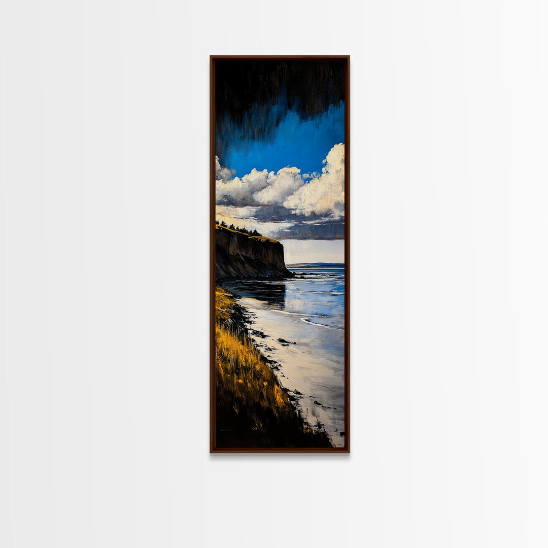Coastal Cliff Art, Seaside Landscape Painting, Ocean View Wall Decor, Nature Home Design, Relaxing Beach Scene, Framed Canvas Print