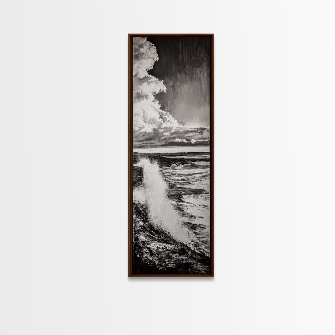 Ocean Power, Wave Crash, Coastal Landscape, Dramatic Seascape, Framed Canvas Print, Black and White Wall Art, Beach House Decor