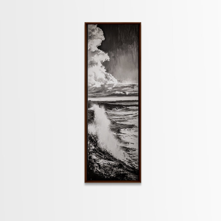 Ocean Power, Wave Crash, Coastal Landscape, Dramatic Seascape, Framed Canvas Print, Black and White Wall Art, Beach House Decor