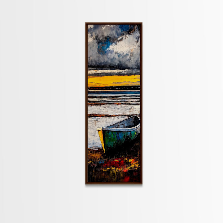 Boat on Shore, Sunset Painting, Coastal Decor, Nautical Wall Art, Framed Canvas Print, Living Room Art, Rustic Seascape, Ocean Scene