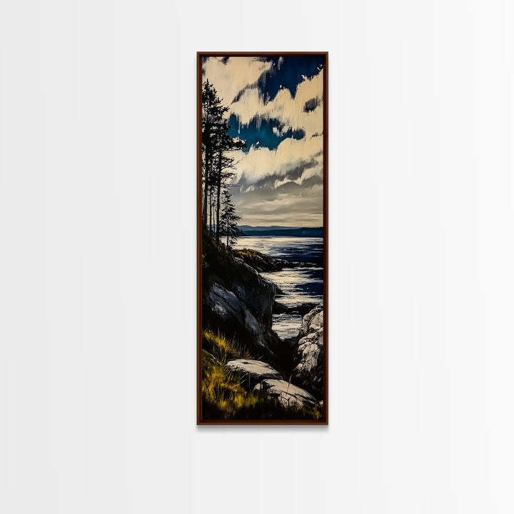 Cliffside View, Coastal Landscape, Nature Wall Art, Tranquil Seascape, Framed Canvas Print, Bedroom Wall Decor, Blue and Green Artwork