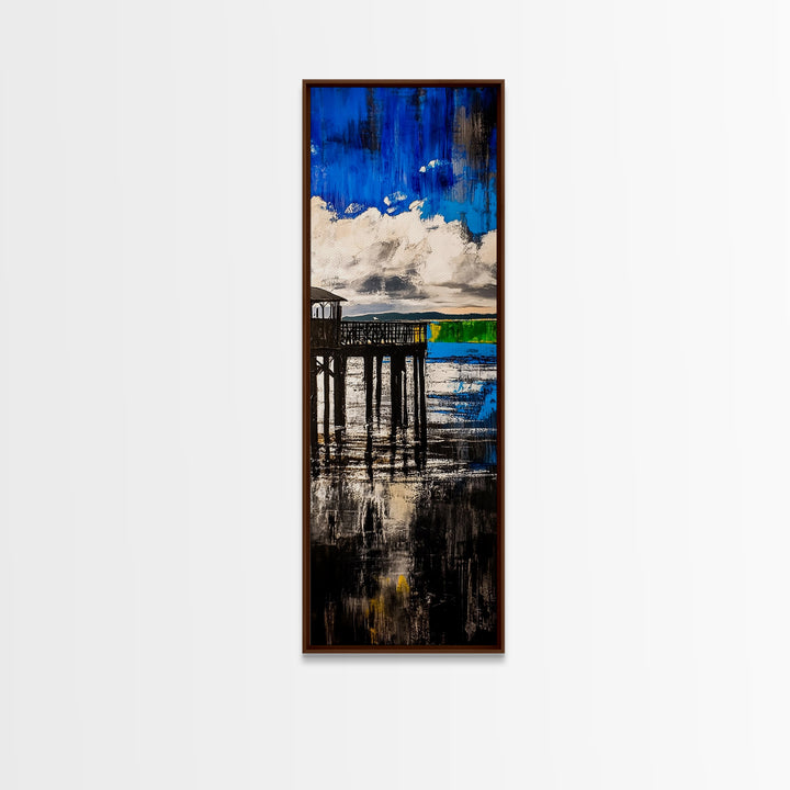 Dock on Water, Rustic Coastal Art, Blue Tones, Nautical Painting, Framed Canvas Print, Living Room Decor, Lakeside Cabin Wall Art