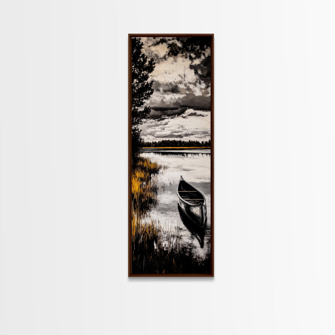 Canoe Lake, Tranquil Nature Art, Black and White Landscape, Framed Canvas Print, Serene Home Decor, Cabin Wall Art, Adventure Painting