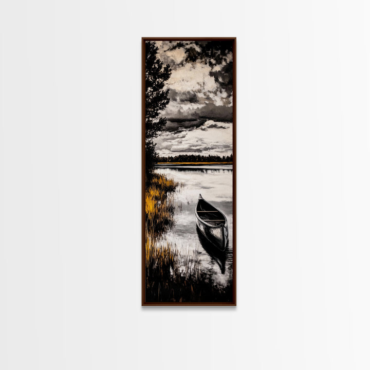 Canoe Lake, Tranquil Nature Art, Black and White Landscape, Framed Canvas Print, Serene Home Decor, Cabin Wall Art, Adventure Painting