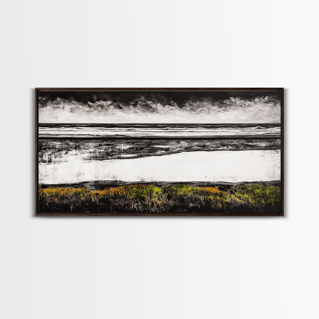 Coastal Horizon, Black and White Beach, Minimalist Seascape, Monochrome Art, Nature Inspired, Framed Canvas Print, Office Wall Decor