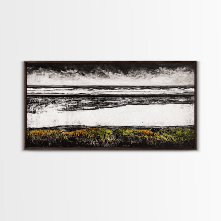 Coastal Horizon, Black and White Beach, Minimalist Seascape, Monochrome Art, Nature Inspired, Framed Canvas Print, Office Wall Decor