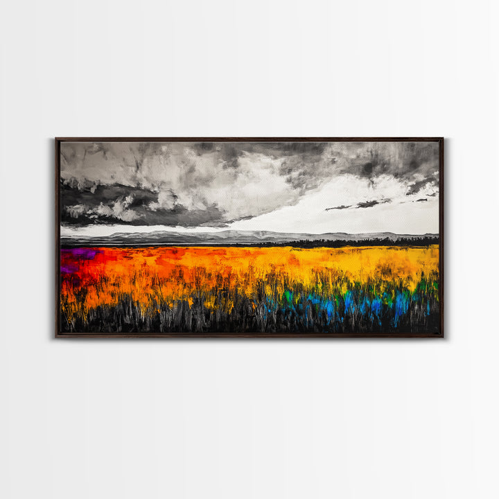 Autumn Meadow, Stormy Sky, Vibrant Fields, Framed Canvas Print, Fall Wall Art, Modern Landscape, Office Decor, Large Wall Art, Farmhouse